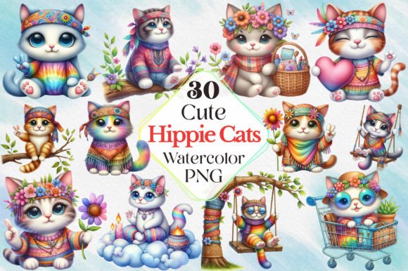 Download Hippie Cute Cats Sublimation Clipart - Hippie Collection