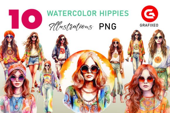 Download Hippie Girls 60s Watercolor Illustration - Hippie Collection